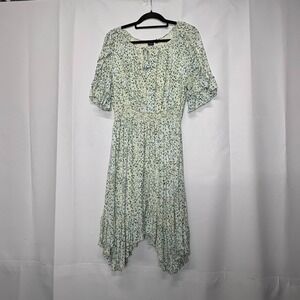 Kaari Blue Women's Dress L Leopard Print Ruffle Detail Tie Neck Handkerchief Hem